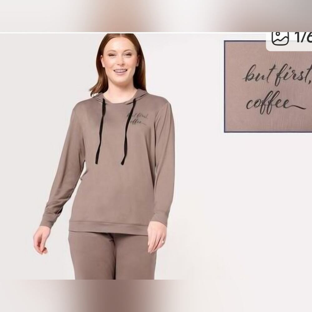 AnyBody " But First Coffee" Mocha Lush Jersey Knit Hoodie Sz. XLT #1111